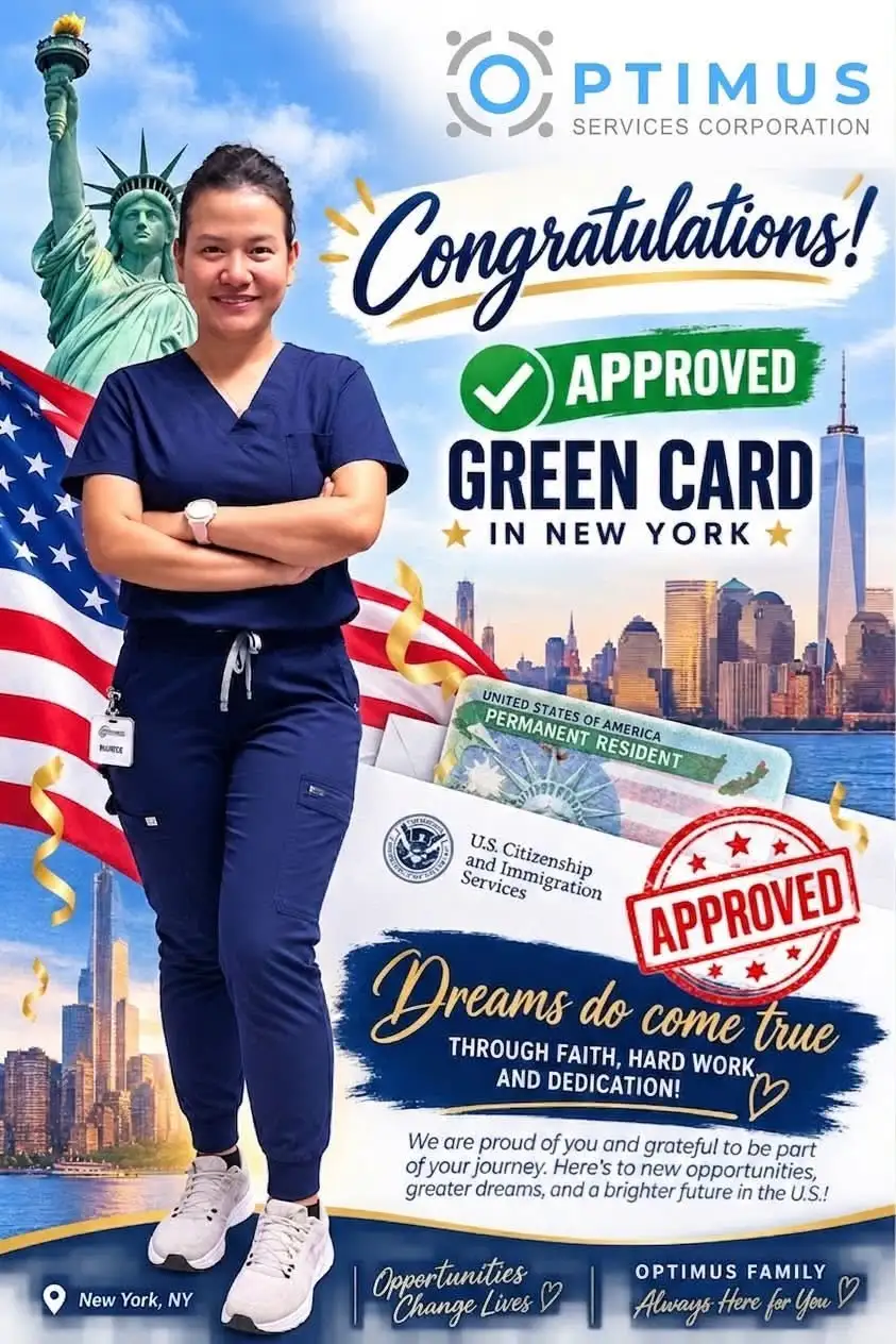 Optimus promotional material celebrating a healthcare professional’s green card approval
